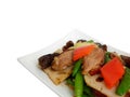 Stri-fried duck breast with sweet peas in oyster sauce