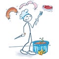 Stick figure with saucepan and meaty food Royalty Free Stock Photo
