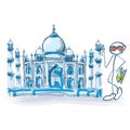 Stick figure as a tourist with Taj Mahal in India