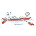 Stick figures rowing against each other in a boat