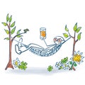Stick figure lies with a drink in the hammock an is relaxing