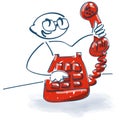 Stick figure with an old telephone with handset in hand