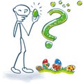 Stick figure examines Easter eggs with a thick question mark