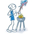 Stick figure grilling a fish