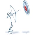 Stick figure aims a target with bow and arrow Royalty Free Stock Photo