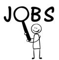 Stickfigure with magnifier glasses showing the word jobs isolated on white background