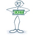 Stick figure holds a green exit sign in his hand