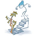 Stick figure stands on the basement stairs and sees an autumn tree grow out of the cellar