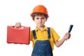 Strict boy in hardhat with tools kit Royalty Free Stock Photo