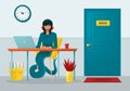 Strict secretary girl snake sits in the office in front of the boss`s door. Royalty Free Stock Photo