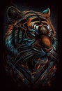 Strict tiger in an iron robe on a black background. AI Generated