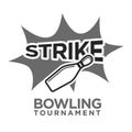 Strike bowling tournament monochrome logotype with skittle illustration