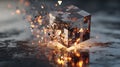 Abstract digital cube disintegration technology background with fire and sparks explosion effect art design Royalty Free Stock Photo