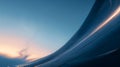 Striking abstract structure composed curved metal panels dominates foreground its reflective surface mirroring twilight
