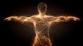 Interconnected light particles form abstract human figure with outstretched arms on dark background Royalty Free Stock Photo