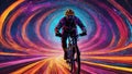 illustration of a cyclist entering a beautiful colorful cave