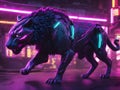 illustration of the prowess of a tiger robot in cyberpunk style