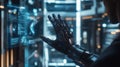 A striking angle showcasing a user interacting with a floating holographic display while wearing a smart prosthetic arm