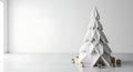 Architectural 3D render of a monumental matte white geometric Christmas tree sculpture standing centered in a vast, bright minimal Royalty Free Stock Photo