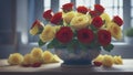 Striking Arrangement Of Vivid Red And Creamy Yellow Roses In A Classic Blue And White Ceramic Bowl Royalty Free Stock Photo