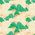 Striking Asian landscape pattern featuring stylized mountains, clouds, and traditional elements. Royalty Free Stock Photo