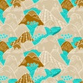 Striking Asian landscape pattern featuring stylized mountains, clouds, and traditional elements. Royalty Free Stock Photo