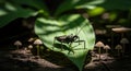 Assassin Bug on a Leaf with Mushrooms in Natural Forest Environment Royalty Free Stock Photo