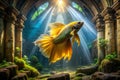 A Striking Betta Fish Poses Amidst the Decaying Elegance of a MustardColored Architectural Structure A Stunning Visual Royalty Free Stock Photo