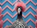 A striking bird against a chevron-patterned backdrop.