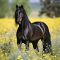 A striking black horse with glossy coat and piercing eyes, standing in a field of wildflowers Royalty Free Stock Photo