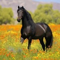 A striking black horse with glossy coat and piercing eyes, standing in a field of wildflowers Royalty Free Stock Photo