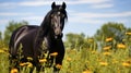 A striking black horse with glossy coat and piercing eyes, standing in a field of wildflowers Royalty Free Stock Photo