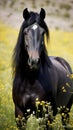 A striking black horse with glossy coat and piercing eyes, standing in a field of wildflowers Royalty Free Stock Photo