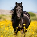 A striking black horse with glossy coat and piercing eyes, standing in a field of wildflowers Royalty Free Stock Photo