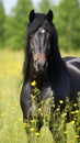 A striking black horse with glossy coat and piercing eyes, standing in a field of wildflowers Royalty Free Stock Photo