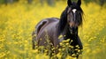 A striking black horse with glossy coat and piercing eyes, standing in a field of wildflowers Royalty Free Stock Photo