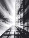 Modern Glass Skyscraper Reflecting Motion Clouds in Dramatic Black and White Architectural Perspective Royalty Free Stock Photo