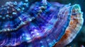 The striking blue and purple hues of a seashell are on full display in closeup shot. Its sy layered structure allows it