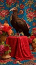 Striking brown bird perches regally on red draped table surrounded by vases of vibrant flowers in patterned setting Royalty Free Stock Photo