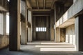 A striking brutalist interior space with enormous raw concrete pillars, dramatic shadows, sharp