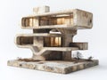 striking Brutalist structure features raw concrete surfaces and blocky shapes angular lines. Enhanced strong lighting