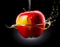 A Striking And Captivating Image of A Red Apple Submerged With Water Drops Glistening on Its Surface