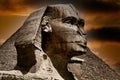 A striking close-up of the great sphinx of Giza (Cairo, Egypt) shrouded in the sunset of the desert Royalty Free Stock Photo