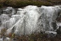 A striking close-up of ice formations cascading over rugged rocks, creating intricate textures and patterns Royalty Free Stock Photo