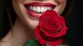 Close-up of a Woman\'s Smile with Perfect White Teeth Holding a Red Rose, Ideal for and Dental Care Themes. Genrative Ai Royalty Free Stock Photo