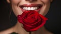 Close-up of a Woman\'s Smile with Perfect White Teeth Holding a Red Rose, Ideal for and Dental Care Themes. Genrative Ai Royalty Free Stock Photo