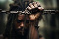 Close-up portrait of a man in chains, freedom concept. Ai generative