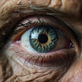 This striking close-up unveils the tired eye of an old man, marked by the harshness of poverty Royalty Free Stock Photo