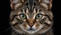 A striking closeup of a cat's face with vibrant green eyes and fine whiskers