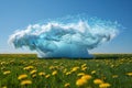 Abstract digital network cloud formation hovering over vibrant green field yellow dandelions under clear blue sky, for Royalty Free Stock Photo